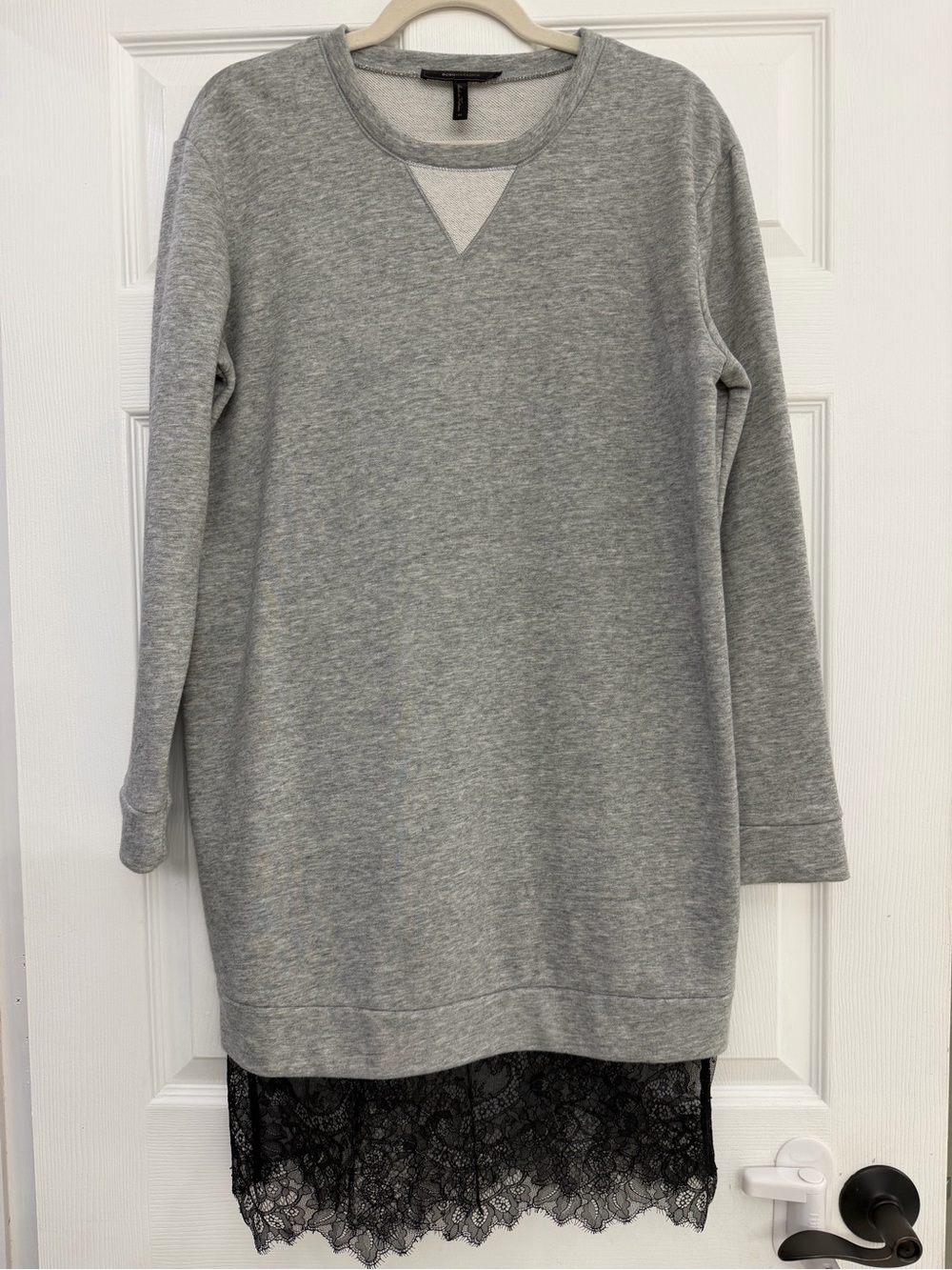 BCBGMaxAzria Gray Long-Sleeve Sweatshirt Dress with Black Lace Hem